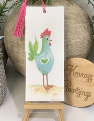 Bookmark laminated Original Handpainted Quirky Chicken 6cm X 16cm & Pink Tassel