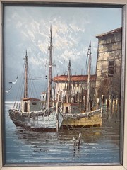 Original Oil Painting Art Fishing Boats Northern Harbor Seascape Signed W. Jones