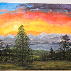 T.F. Signed Canvas Landscape Painting Mountain Sunset Trees, Unframed