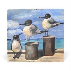 Painting Of 3 Funny Seagulls Painted On Pressed Wood 13.5 In x 12.6 In Gouache