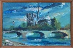 Expressionist Paris Scene View Of Notre-Dame De Paris France Oil Painting 1961