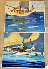 Vintage MCM Caribbean Painting Boats Fishing Ocean Signed – Set of 2