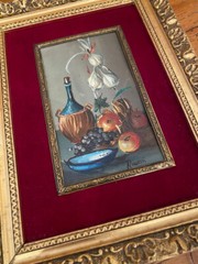 RSVRD: Vtg Italian Still Life Oil Painting Wine/Fruit Gilt Frame Signed Rosetti