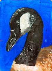 ACEO Original Acrylic Painting By Meganspreit Illustrative Goose Blue Background