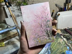 Original Sakura Pink Forest Oil Painting, Cherry Blossom Art, Small Misty Art