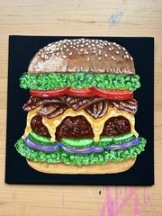 Acrylic Painting Original, Cheeseburger, Bacon, Fast Food, Food Art, 6×6