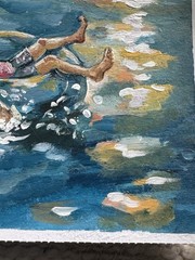 Original 4×6 Sunset Lake Painting Nostalgic Impressionist Art Signed Girl Tubing