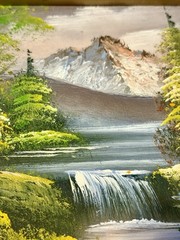 VTG Bob Ross Style Oil Painting Mountain Waterfall Landscape Ornate Gold Frame