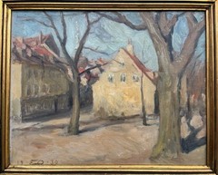 Einar Olsen Impressionist Oil Painting, Framed 1930 Street Scene Old Town