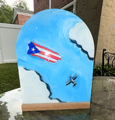 Puerto Rico Flag & Airplane Folk Art Painting, Sky Clouds, Patriotic Aviation
