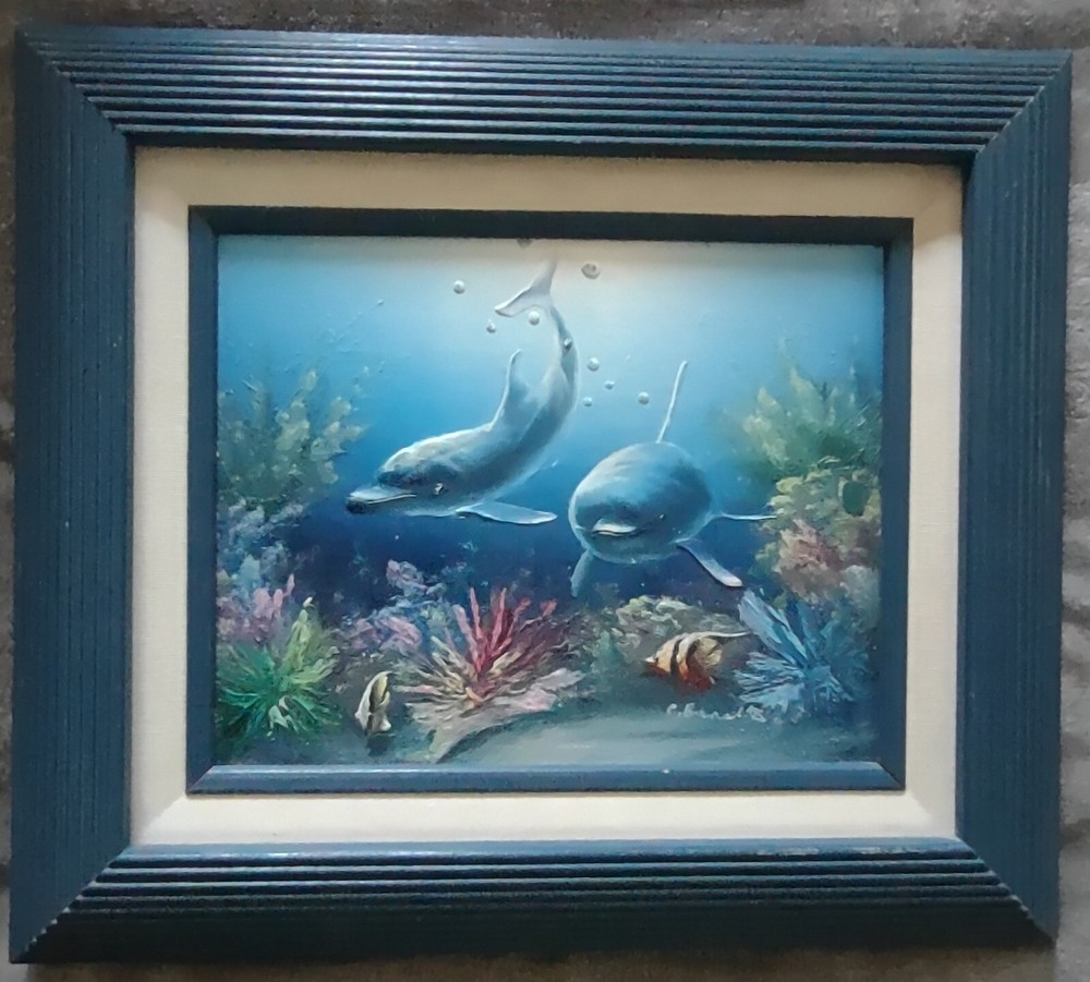 C. Benolt 3D Dolphins Oil Painting, Matted And Framed, 13″ X 15″