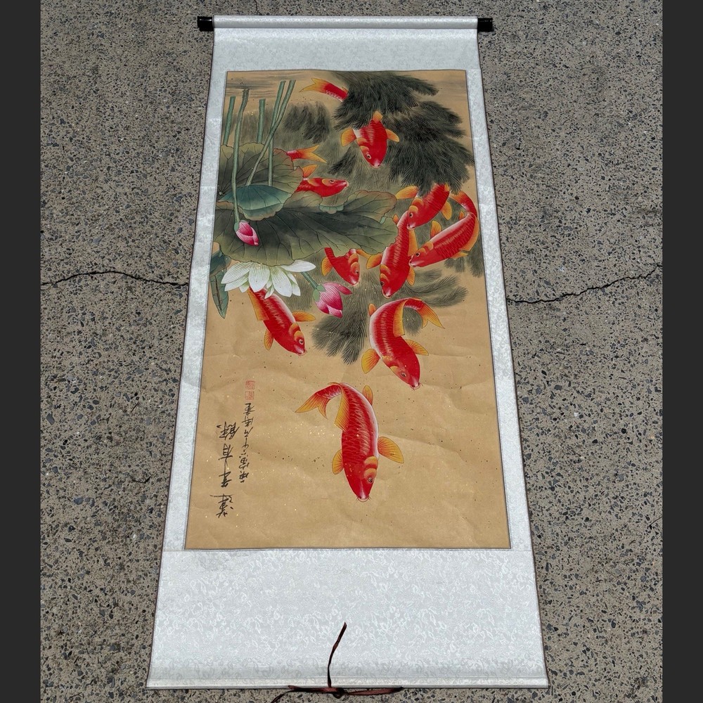 Chinese Fengshui Koi Fish Color Ink Scroll Painting Quality Large Wall Art