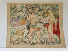 ANTIQUE PAINTING ADAM EVE BEER GARDEN ILLUSTRATION 1930’S SIGNED MYSTERY SIGNED