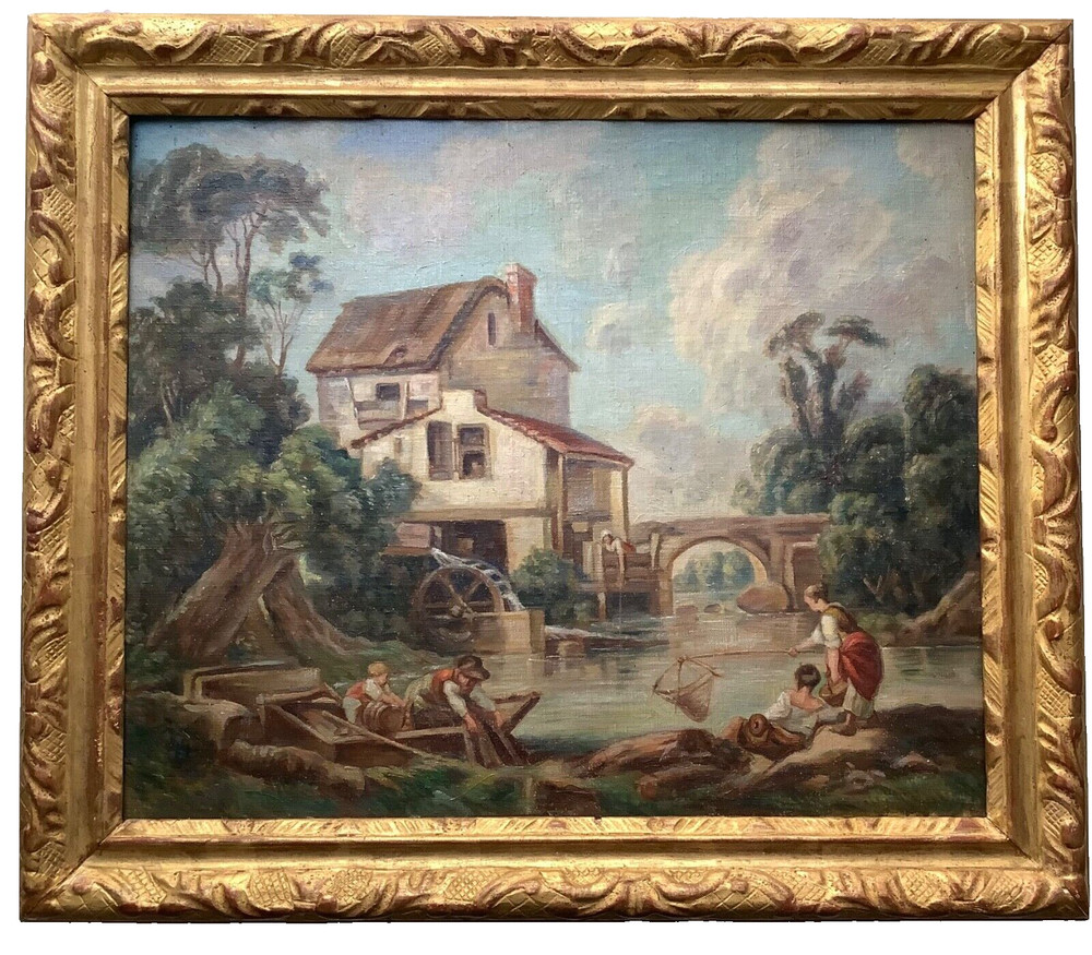18th Century ANTIQUE Oil Painting Francois BOUCHER Figures Watermill GILT FRAME