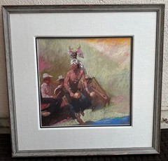 CLIFFORD BECK ORIGINAL PASTEL PAINTING DEPICTING KACHINA AT POW-POW 24″ X 24.5″