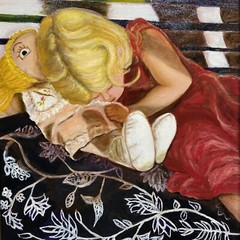 Vintage Oil Painting Girl with Doll on Bench Gold Gilt Wood Frame 25×22