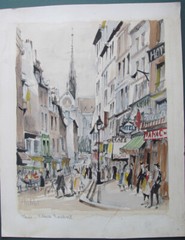 1050’s Painting Original FRANZ HERBELOT PLACE MAUBERT , PARIS NOTRE DAME