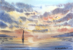 LONELY FISHERMAN BOAT CLOUDS SKY Original Artwork Painting Landscape Seascape A5