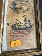 Vintage Thai Gold Leaf Watercolor Painting Tryptich Sumpow Dhepplatum Art #53