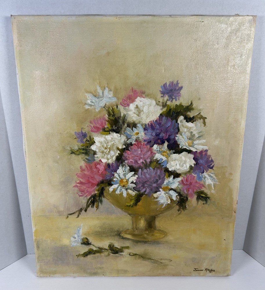 Vintage Mid Century Floral Oil Painting Flowers Vase Still Life 16 X 20 Signed