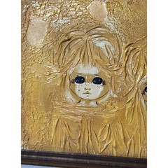 Vintage Big Eye Children Waif Textured Canvas Painting Mid Century Impasto