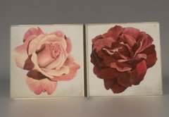 Vntg MCM Original Oil Painting Pink Red Rose Still Life 24” X 24” Set Of 2
