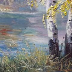 Autumn River Birch Trees Landscape Oil Painting Original Wall Art Canvas 8×8 in.