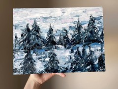 Foggy Mountain Abstract Original Impasto Oil Painting Pine Trees 10×14″ signed
