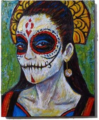 SKULL MASK OIL█PAINTING REALIST ART█VINTAGE ORIGINAL█DAY OF THE DEAD SKELETON NA