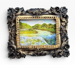 Bluebonnet Riverbank landscape mini print in vintage style ornate frame