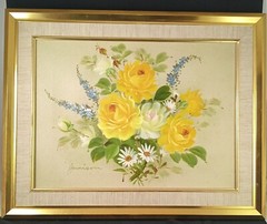 Jamison Signed Painting, White Yellow Roses Daisies Boquet, Gold Frame 20″X16″