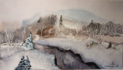 original watercolor painting winter landscape snow snow-covered sprucetreesriver