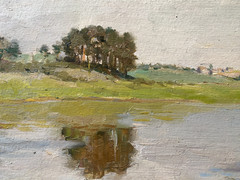 Signed Oil Painting Dated 1950 Shore View With Village In The Distance Water