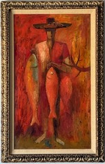 ANTHONY RIZZO VINTAGE MODERN ABSTRACT CUBIST CUBISM OIL PAINTING RED FISHERMAN