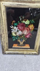 Antique Beautiful Victorian Framed Tinsel Reverse Foil Painting Floral Tinfoil