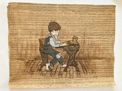 Boy in Overalls Antique School Desk Bag Apple Newspaper Background VTG Painting