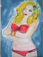 ACEO Women In Art – TROPICAL BEACH RED BIKINI MODEL Painting ART