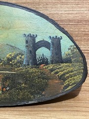 Live Edge Wood Slab Painting French Castle Lake Bridge Landscape 15” Vintage