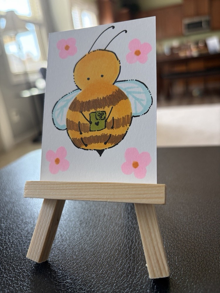 ACEO Original Mixed Media Bumble Bee With Pink Flowers