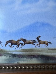 Damba Tsolmon – Framed Watercolor of Galloping Horses – Mongolian Art – 2002