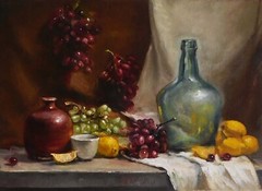 New Original Oil Painting Still Life Realism Glass Bottle, Vase w Fruits Signed