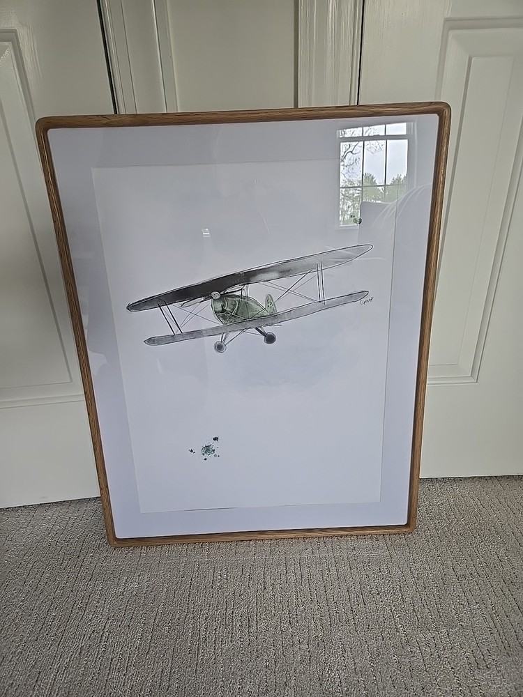 Watercolor Airplane Art In Green And Light Blue With White Oak Frame, 22x28in