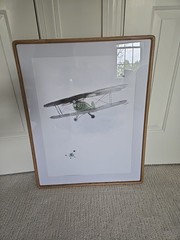Watercolor Airplane Art In Green And Light Blue With White Oak Frame, 22x28in
