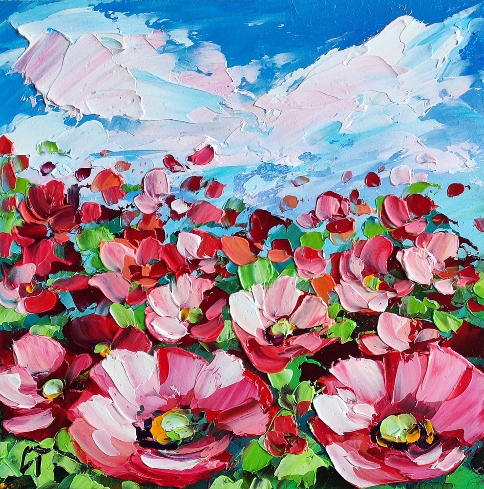 original oil painting Red Poppy Wildflowers Floral Landscape wall art 6*6 in