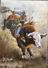 ORIGINAL OIL PAINTING COWBOY BULL RIDER RODEO STRETCH CANVAS SIGNED 5×7