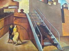 Jo Cain Painting Antique Large New York Urban Industrial Modernist Wpa Famous