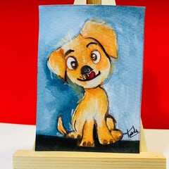 ACEO Cute Puppy Dog Art Whimsical Cartoon Miniature Animal Acrylic Painting NEW