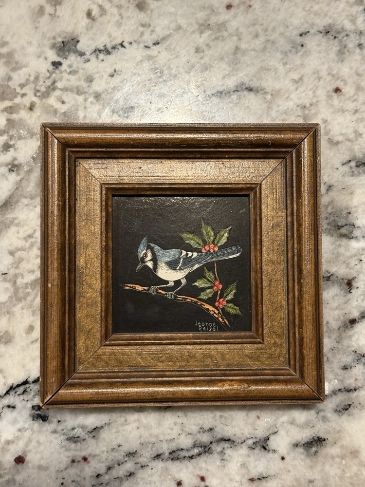Vtg Jeanne Reifel Blue Jay Bird Flowers Scratchboard Small Art Painting Folk Art