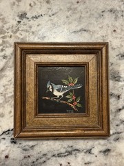 Vtg Jeanne Reifel Blue Jay Bird Flowers Scratchboard Small Art Painting Folk Art