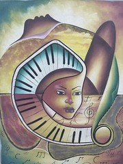 Original Haitian oil hand painting 30inx40in music women piano musical notes